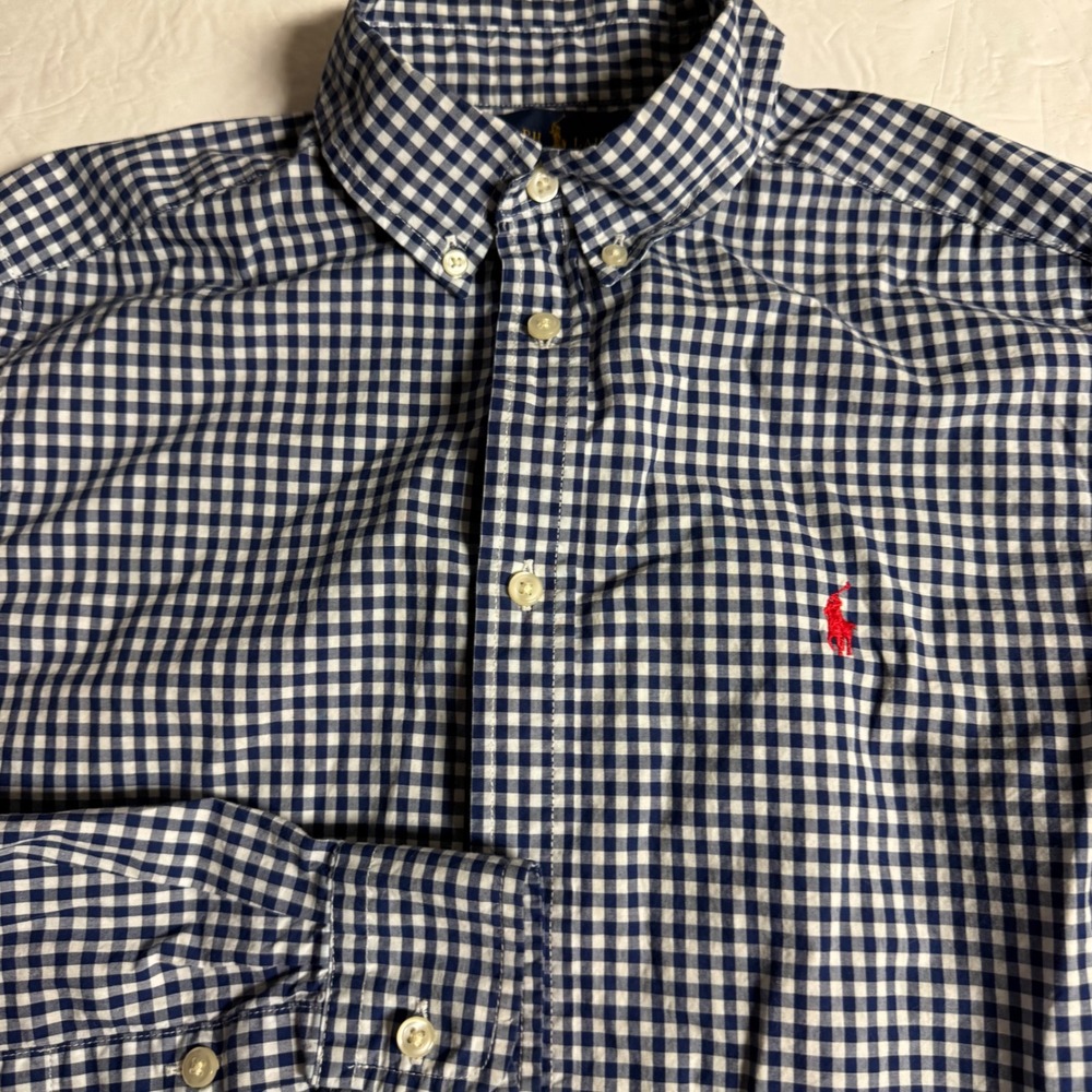 Ralph Lauren Boys XL 18-20 Navy White Gingham Button Down Shirt Long Sleeve Pony